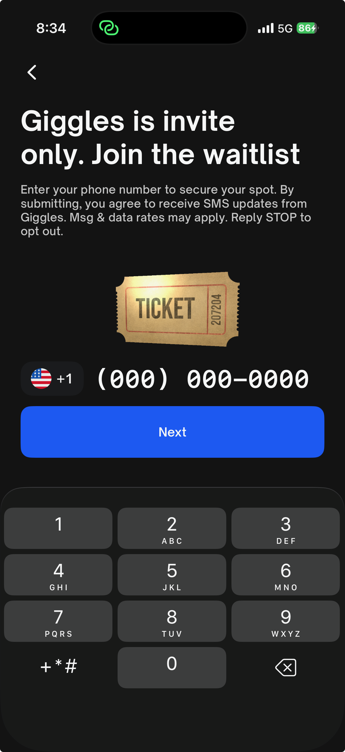 Screenshot of the Giggles iOS app SMS opt-in screen, showing the phone number field, consent checkbox, and disclosure text